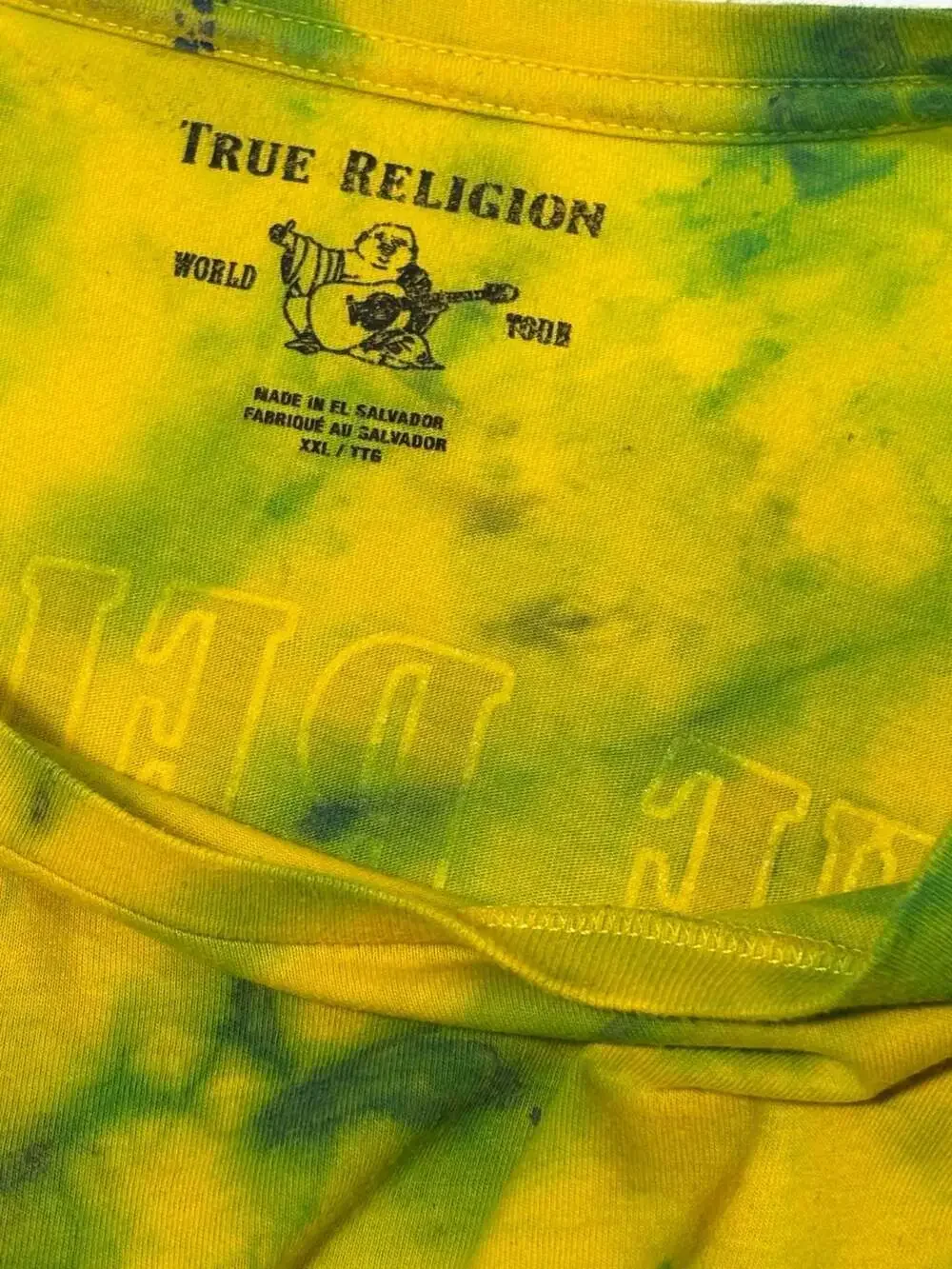True Religion Men's Yellow and Green Tie-Dye Buddha Logo Graphic T-Shirt XXL